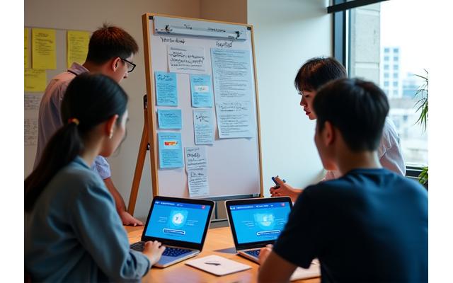 2019년 물결라이프 창립 및 앱 출시를 상징하는 젊은 팀원들의 협업 장면