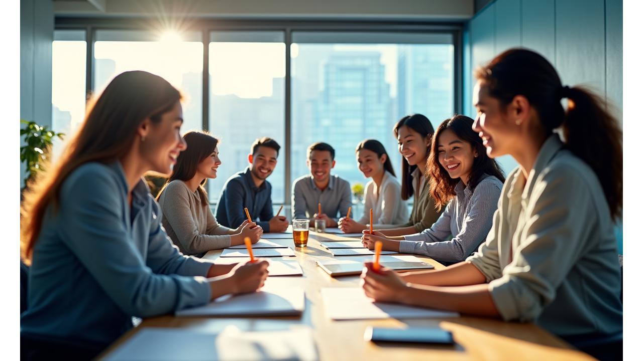 밝은 빛이 드는 현대적인 공간에서 여러 참가자들이 워크숍에 참여하여 서로 교류하고 웃으며 활기차게 활동하는 모습