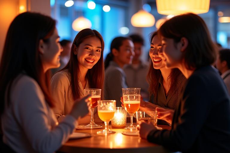 밝고 현대적인 공간에서 다양한 배경의 사람들이 자유롭게 대화하며 웃고 있는 네트워킹 모습