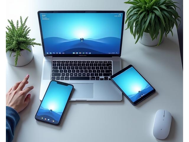 정리된 데스크톱과 스마트폰 화면을 보여주는 디지털 기기들