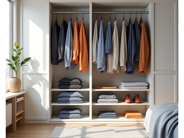 캡슐 워드로브 구성을 보여주는 깔끔하게 정리된 옷장