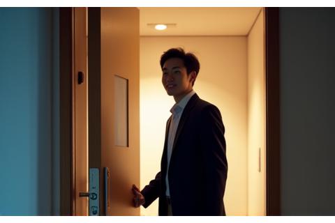 출근 준비를 마치고 현관을 나서는 직장인의 모습, 집안의 불이 꺼지고 보안 시스템이 활성화됨