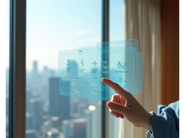 서울의 현대적인 아파트 거실에서 태블릿으로 스마트홈 시스템을 제어하는 모습